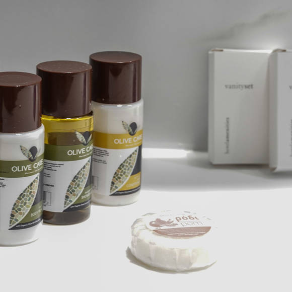 Bathroom amenities set including olive oil products, soap and vanity kits