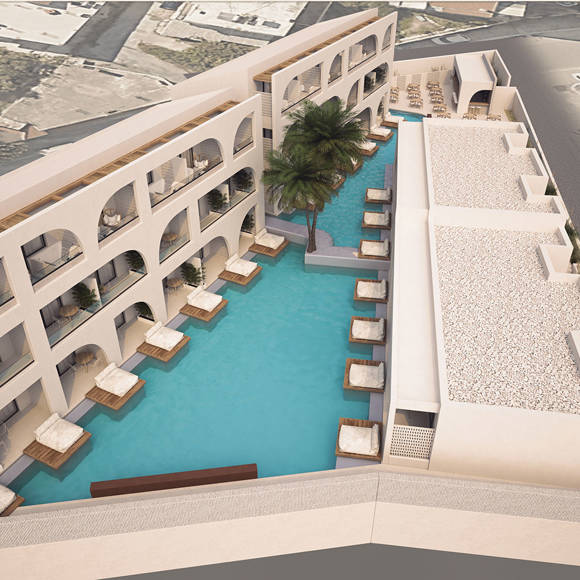Dore hotel pool area top-down view 3D