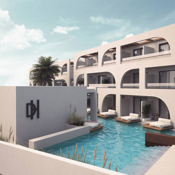 Dore exterior with poolside suites 3D