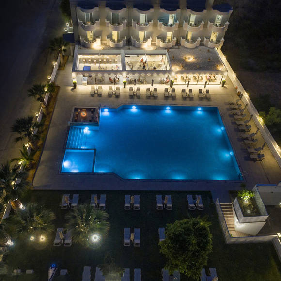 Aerial view of the outdoor pool area at night
